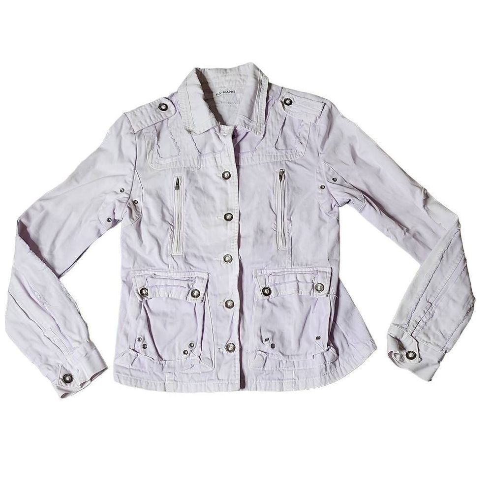 Da-Nang purple distressed embroidered peacock bird cargo button down jacket - Picture 2 of 6